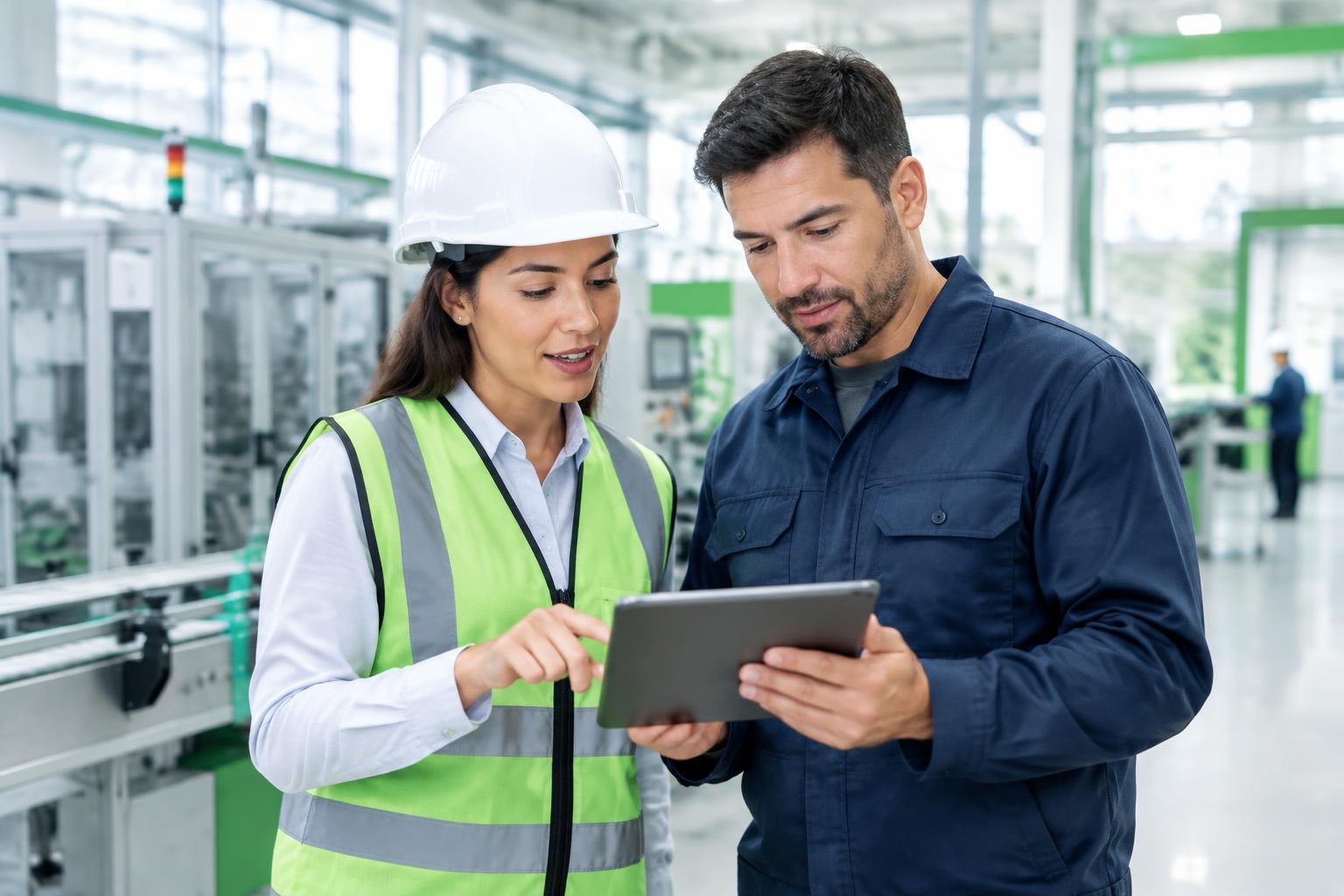 Profissionais de segurança do trabalho conferindo informações em uma instalação industrial